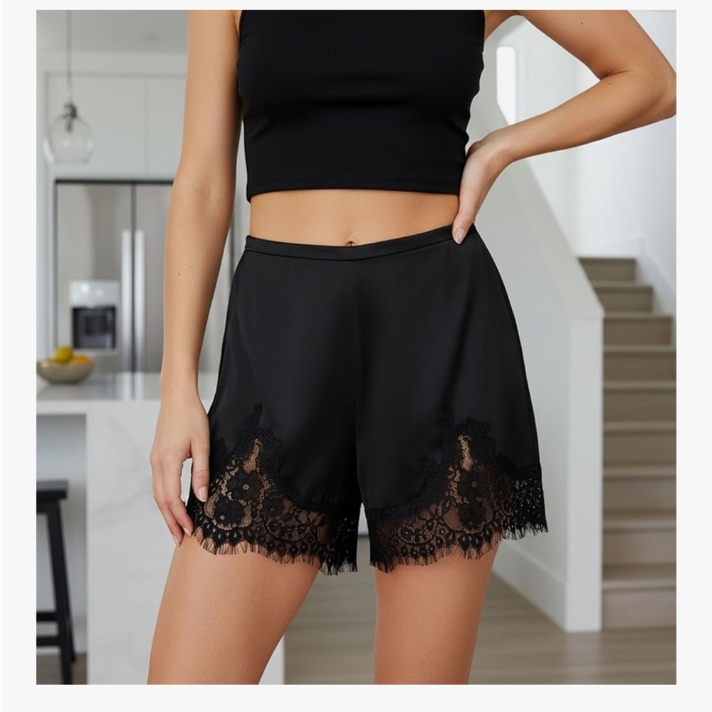 Black Lace Trim Satin Shorts small